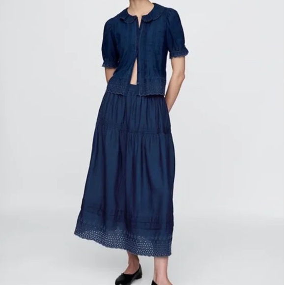 NWT Gap × DÔEN Eyelet Midi Skirt Medium indigo Blue S - Picture 1 of 8